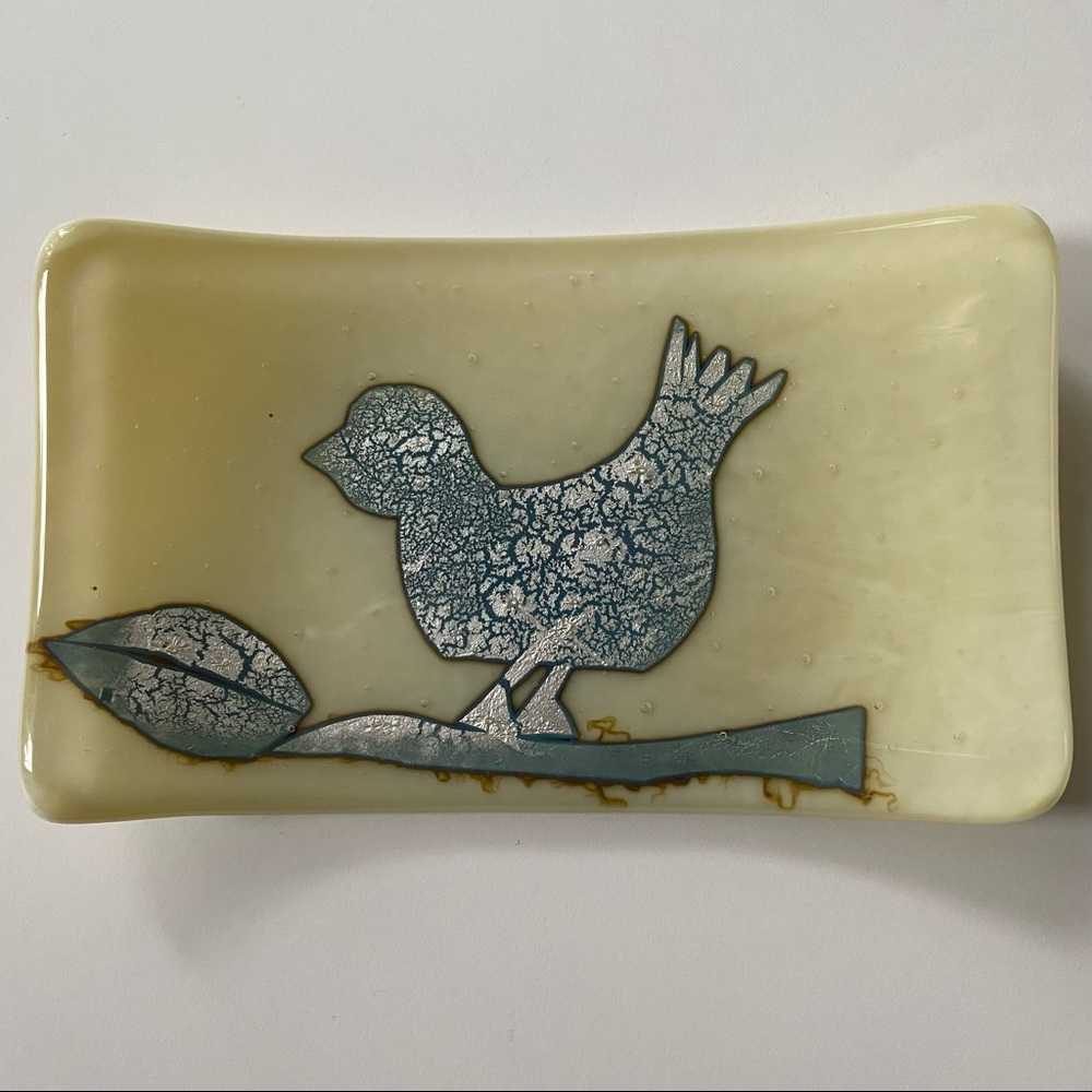 fused glass art glass trinket dish with bird design